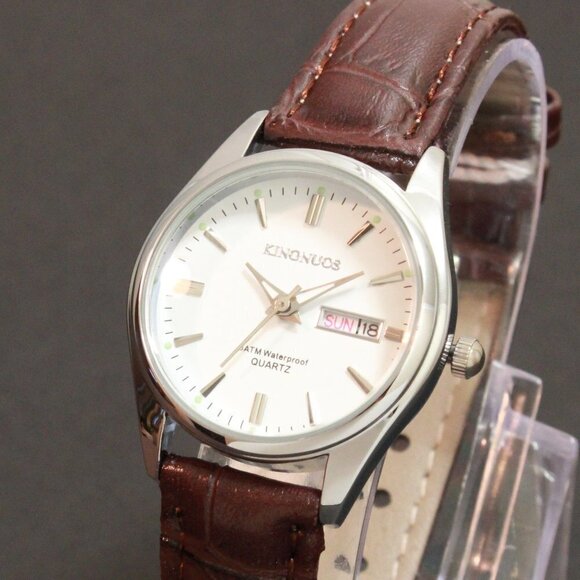 Women\'s Contemporary Dress Watch Silver With Brown Strap 28mm
